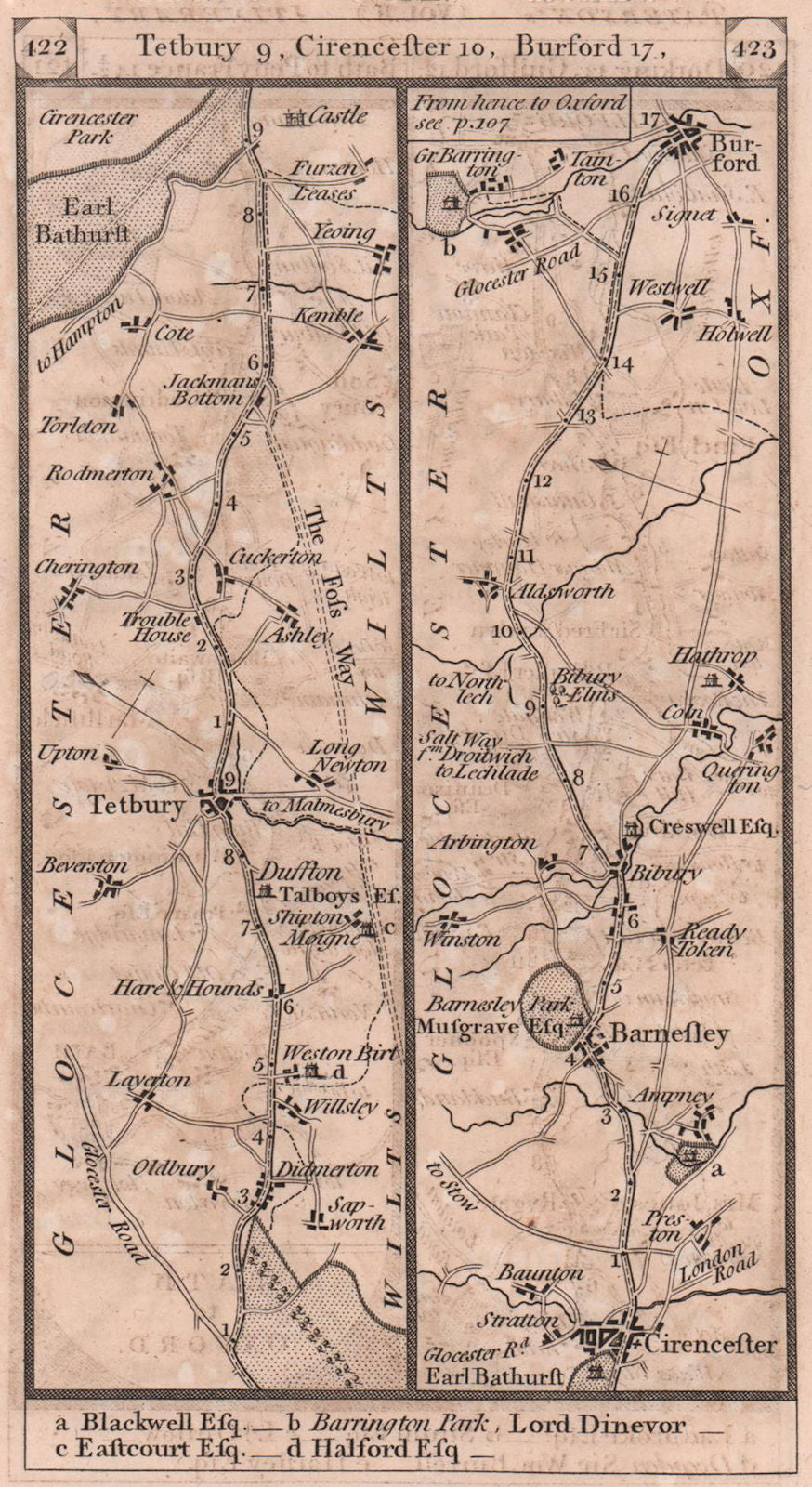 Tetbury-Cirencester-Barnsley-Bibury-Burford road strip map PATERSON 1803